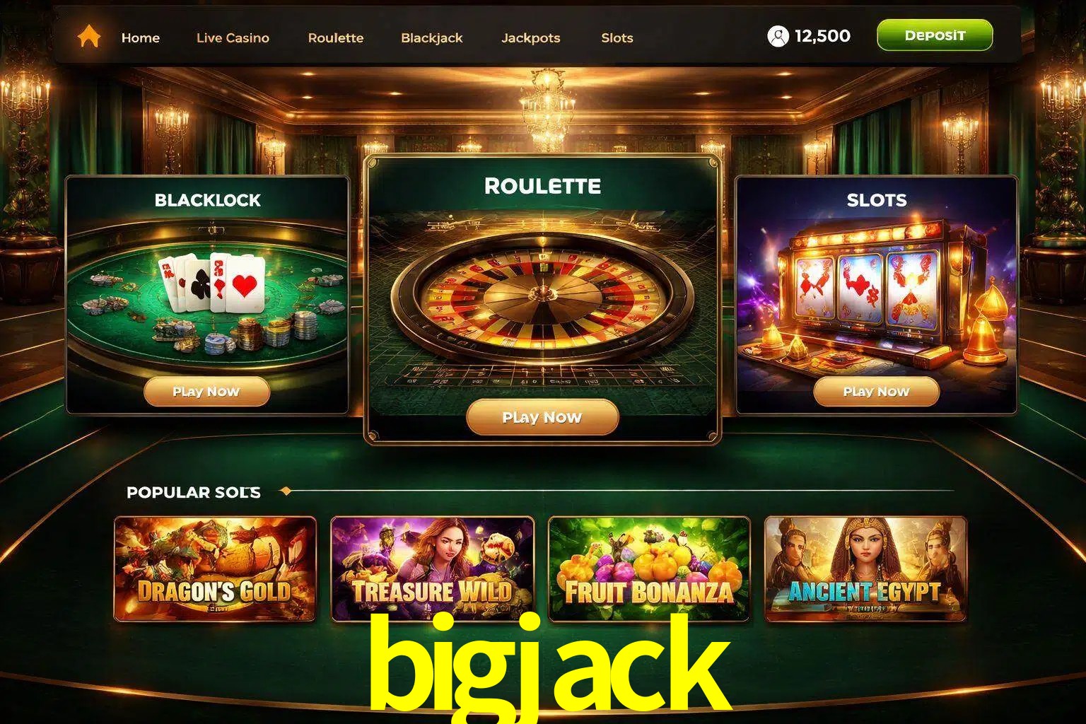 Vista de la plataforma bigjack Casino mostrando categorías organizadas de juegos en línea