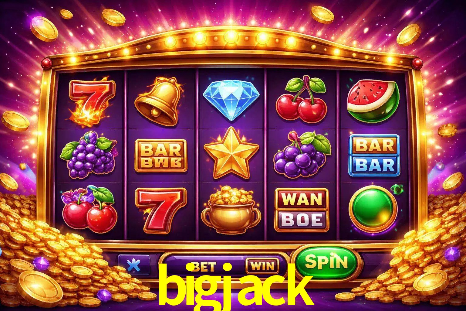 Una interfaz colorida de tragamonedas en línea con símbolos brillantes, monedas y un efecto de victoria celebratoria en bigjack.