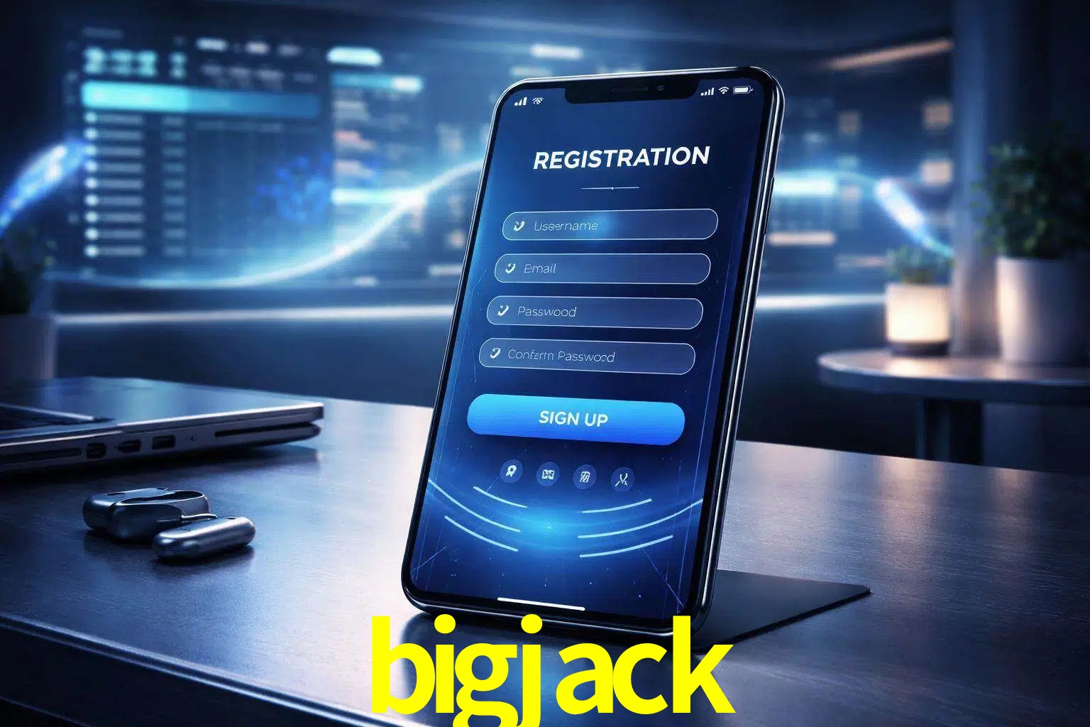 Una interfaz moderna de registro móvil para bigjack mostrada en un smartphone con un panel de apuestas elegante.